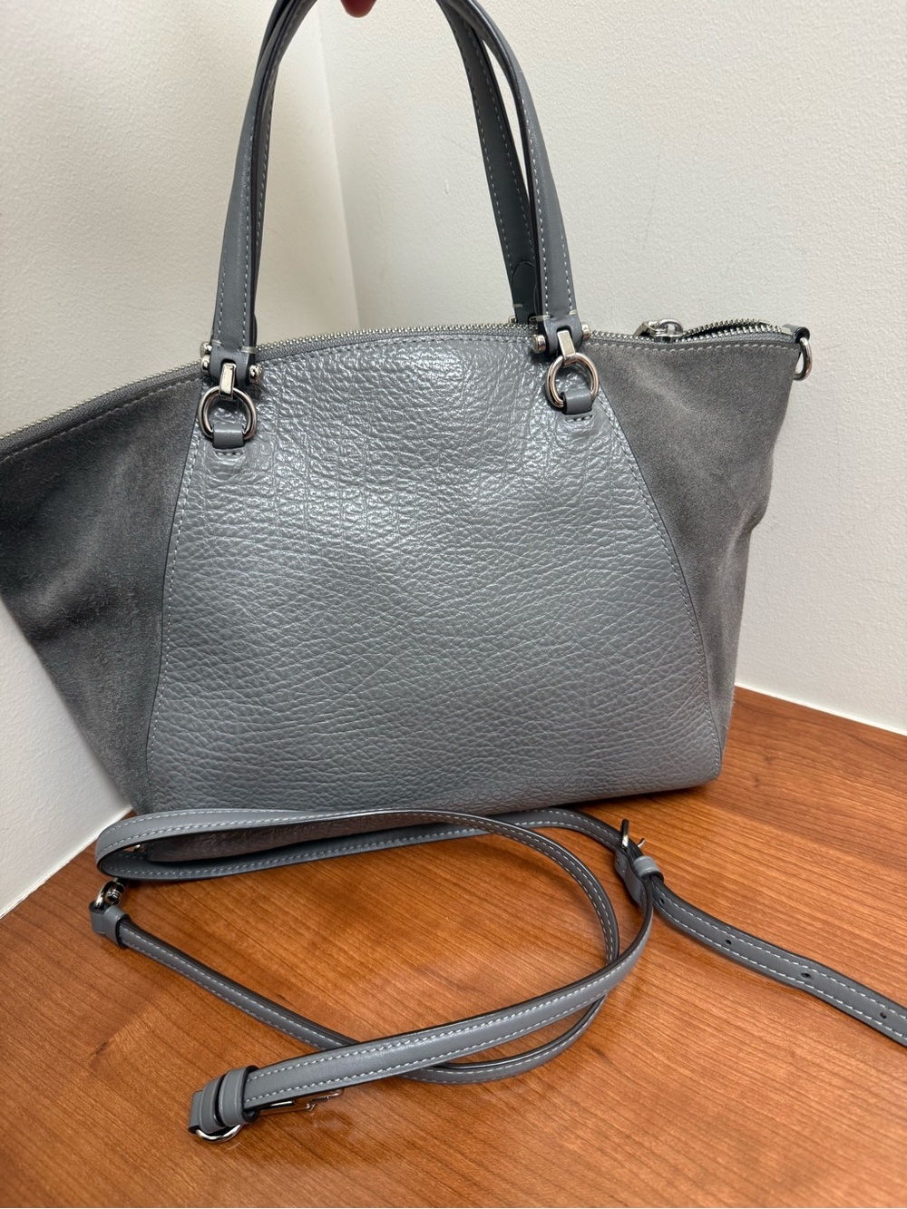 COACH Prairie Satchel 2Way Shoulder Bag Leather Suede Gray Womens Handbag - Picture 3 of 8